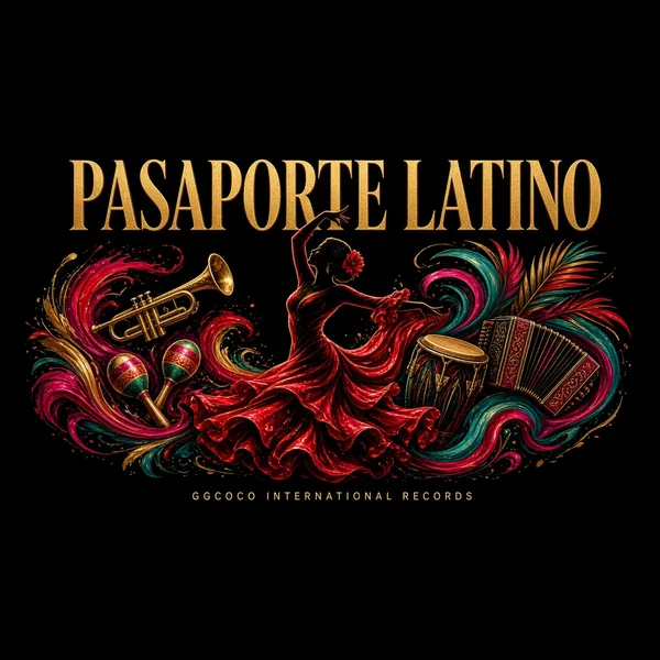 Pasaporte Latino album cover: a flamenco dancer with trumpet, maracas, drum and accordion