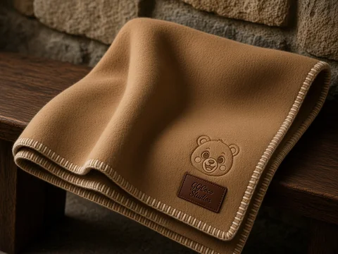 Camel wool throw with a tone-on-tone stitched bear and a leather GGCoco Studios tag