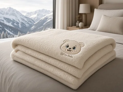 Plush ivory sherpa throw with a tone-on-tone embroidered bear and gold signature