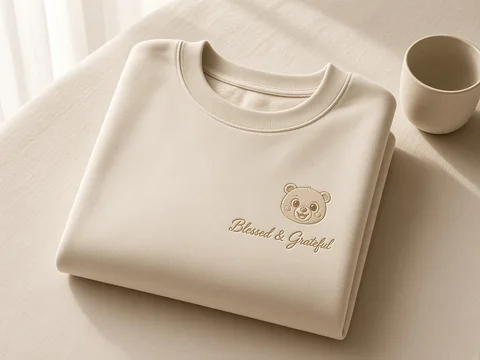 Folded oatmeal crewneck with a tonal embroidered bear and Blessed and Grateful in gold script