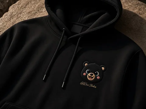 Onyx black hoodie with an embroidered bear and gold GGCoco Studios signature