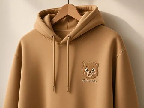 Camel hoodie with a tone-on-tone embroidered bear and gold signature