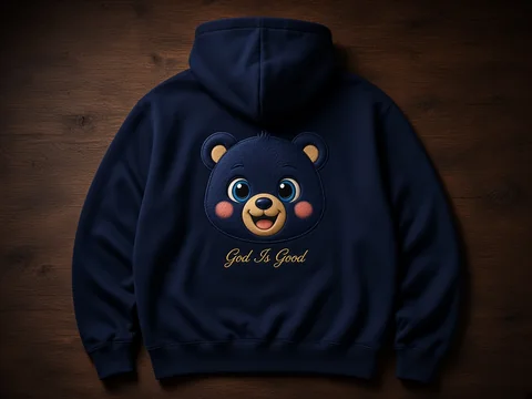 Back of a midnight navy hoodie with an embroidered bear and God Is Good in gold script