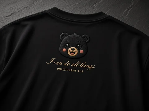 Back of an onyx tee with an embroidered bear and I can do all things, Philippians 4:13, in gold